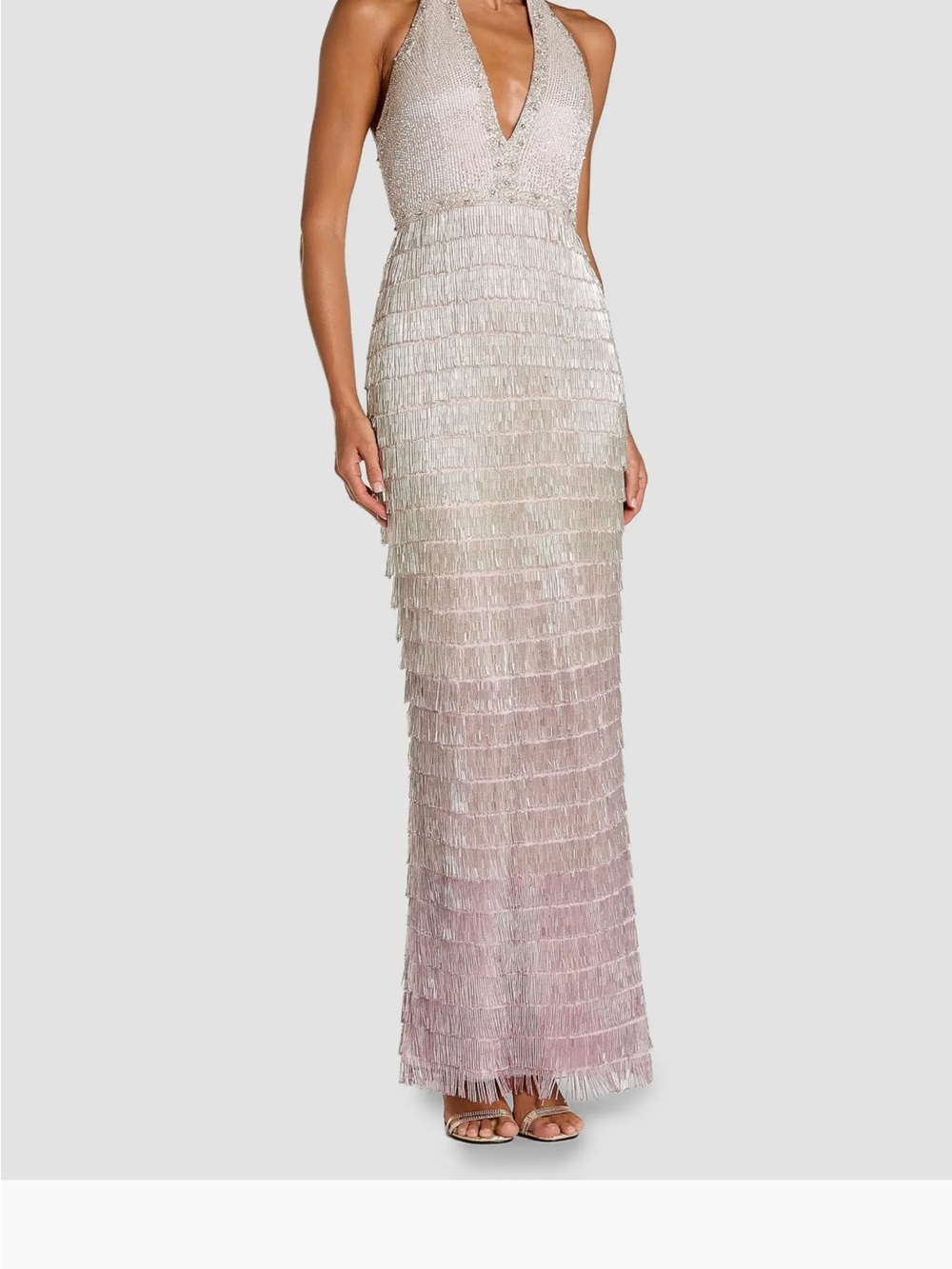 Mac Duggal Sleeveless Halter Fringe Evening Gown